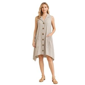 For Cynthia, Linen Blend Button Front Sharkbite Hem Dress, Size M